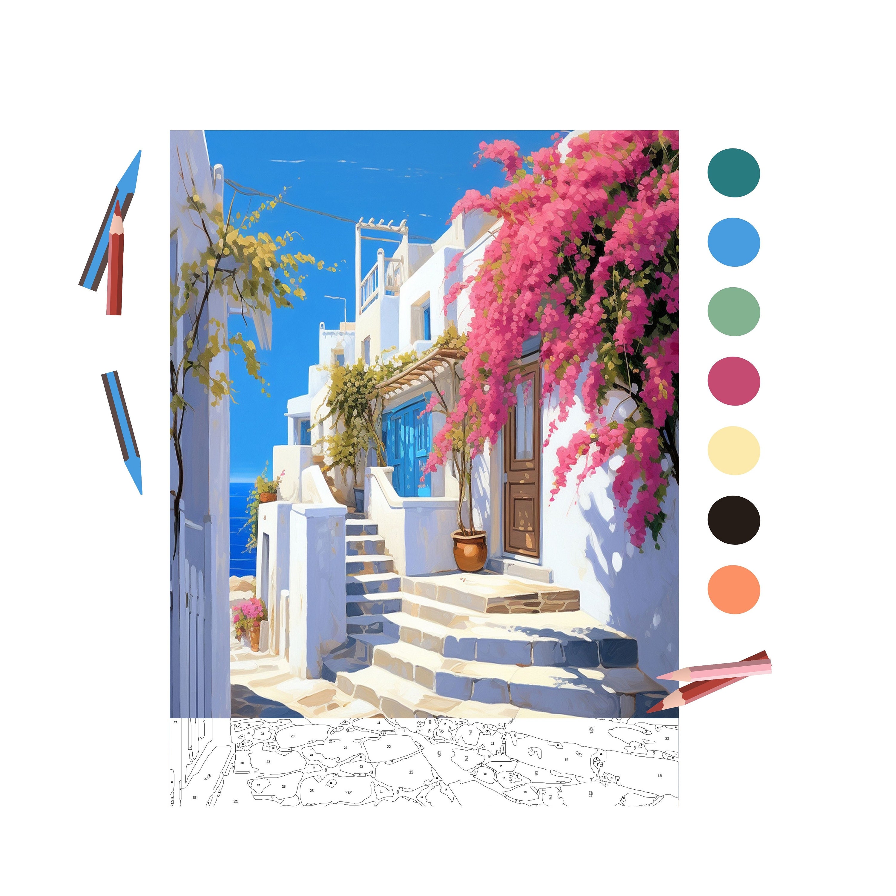 Peinture par Numéros pour Adultes Peinture à l'huile DIY L 'île Santorin Peinture par Numéros Kits sur avec Pinceaux et Peintures Acryliques Artisanat