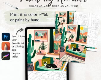 May include: A digital paint-by-number art kit featuring a colorful illustration of a living room with cacti, a cat, and artwork. The image includes the text "Paint by Number" and instructions to print and color or paint by hand, or load into an art app.