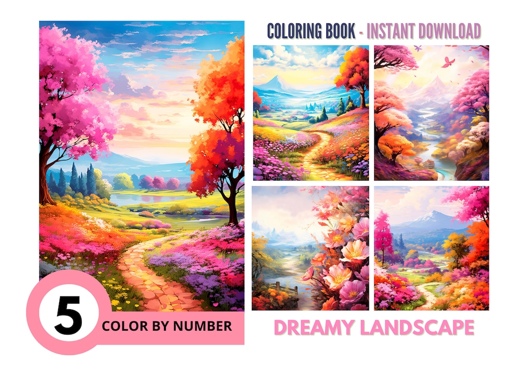 5 Dreamy Landscape Color by Number for Adult, Paint by Number Printable ...