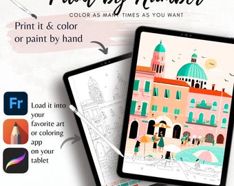 May include: Two tablets displaying a "Paint by Number" digital art concept. One shows a completed colorful cityscape, the other a line drawing. Text reads "Print it & color or paint by hand" and "Load it into your favorite art or coloring app on your tablet."