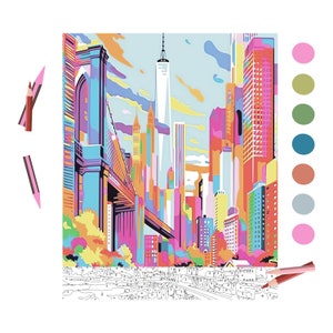 May include: A paint by numbers kit featuring a colorful cityscape with a bridge and skyscrapers. The kit includes a canvas, paintbrushes, and numbered acrylic paints.
