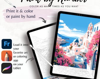 Puede incluir: Dos tabletas que muestran un proyecto de arte de pintar por números. Una tableta muestra una pintura terminada de un pueblo costero, la otra muestra el contorno numerado. La imagen incluye el texto "Paint by Number" e instrucciones para imprimir y colorear o pintar a mano.