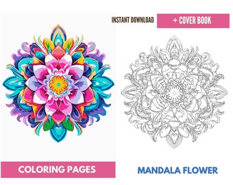 May include: A colorful mandala flower coloring page with a black and white outline.  The mandala is a circular design with intricate details and a flower in the center.  The coloring page is perfect for adults and children who enjoy coloring.