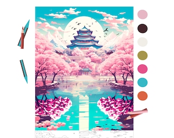Può includere: Un kit di pittura numerica con un paesaggio in stile giapponese con una pagoda, alberi di fiori di ciliegio e un lago riflettente. La tavolozza dei colori comprende tonalità rosa, blu e bianche. Sono incluse due matite colorate.