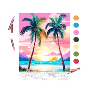 May include: A paint by numbers kit featuring a sunset scene with two palm trees on a beach. The colors in the kit are orange, blue, pink, green, black, and brown.