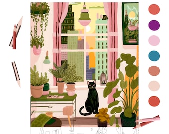 May include: A black cat sits on a windowsill overlooking a city skyline. The cat is looking out the window. There are plants in pots on the windowsill and a table with a drawer below. The room is decorated in a modern style with pink curtains and a light fixture hanging from the ceiling.