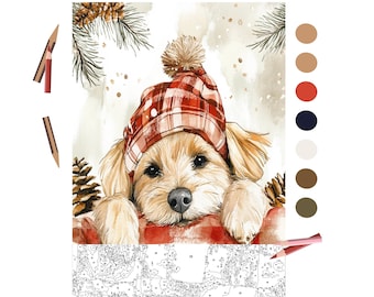 May include: A brown and white dog wearing a red and white plaid hat with a white pom-pom. The dog is sitting in a red and white stocking with a white fur trim. The background is a watercolor painting of a snowy forest.