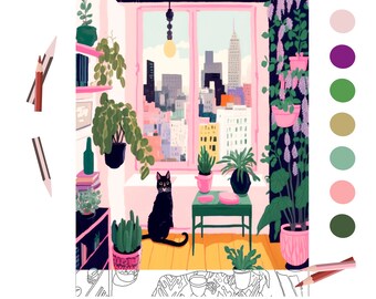 May include: A black cat sits on a wooden floor in a room with a window overlooking a city skyline. The room is decorated with plants, a small table, and a bookshelf. The window has pink trim and the walls are a light pink color.
