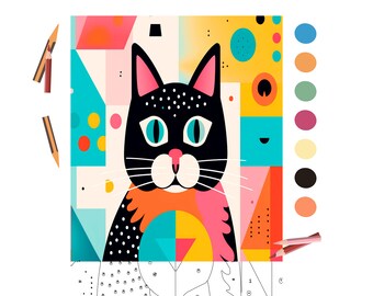Color By Number for Adult, Paint by Number Printable,Colorful Cat, Coloring Pages ,Sheet Digital Download,Advanced detailed Book|1755