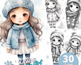30枚のかわいい冬の女の子の塗り絵 - 大人の塗り絵、即時ダウンロード、グレースケールの塗り絵、印刷可能なPDFファイル | 1421