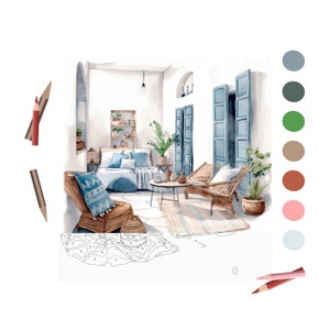 May include: A watercolor painting of a living room with a white couch, blue pillows, a wicker chair, and a wicker lounge chair. The room has a white wall with a wooden shelf and a large window. The painting is in a light blue, green, and brown color scheme.