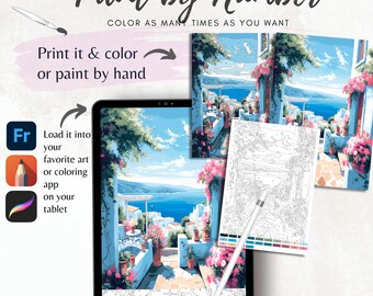 Puede incluir: Imagen que muestra un concepto digital de pintar por números. La escena representa un paisaje costero con aguas azules, edificios blancos y flores rosas. El texto dice "Paint by Number" y "Color as many times as you want". Se proporcionan instrucciones para imprimir y colorear o pintar a mano.