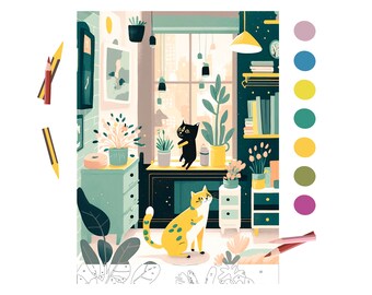 May include: A color-by-number illustration of a room with two cats, plants, and furniture. The cats are sitting on a shelf and a table. The room has a window with a view of a city. The illustration is in black and white with numbered areas to be colored in.