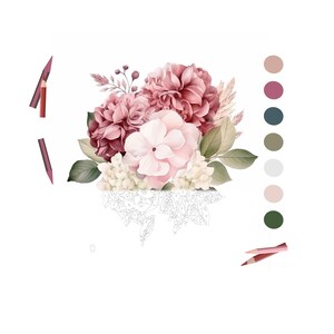 Op de afbeelding: Een bloemenontwerp om te schilderen op nummer met een boeket van roze en witte bloemen met groene bladeren en gedroogd gras. Twee kleurpotloden zijn in de buurt van het ontwerp geplaatst. Een kleurenpalet wordt getoond.
