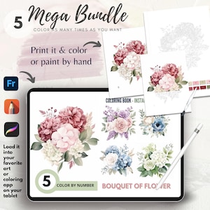 5 Flower Bouquet Color By Number for Adult, Paint by Number Printable,Coloring Pages,Sheets Digital Download,Advanced detailed Book| 1855