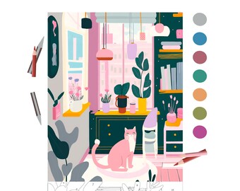 May include: An illustration of a room interior with a pink cat sitting on a rug. The room features a window, plants, and a bookshelf. The color palette includes pink, green, and blue.