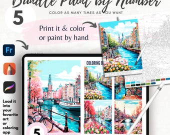 May include: A digital paint-by-number bundle featuring an Amsterdam in Spring theme. The image shows a tablet displaying the artwork, along with printed versions and a stylus. Text includes "Bundle Paint by Number" and "Color by Number".