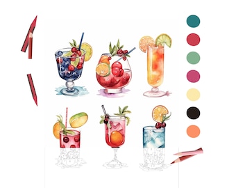 Puede incluir: Una página de colorear digital que presenta seis cócteles diferentes con varias frutas y bayas. Los cócteles están en diferentes vasos y tienen una variedad de colores, incluidos rojo, naranja, amarillo, azul y verde. La página también incluye una paleta de colores con ocho colores diferentes.