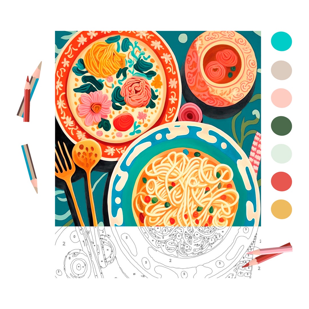 Color by Number Adult,paint by Number Printable,spaghetti Day,by Jo
