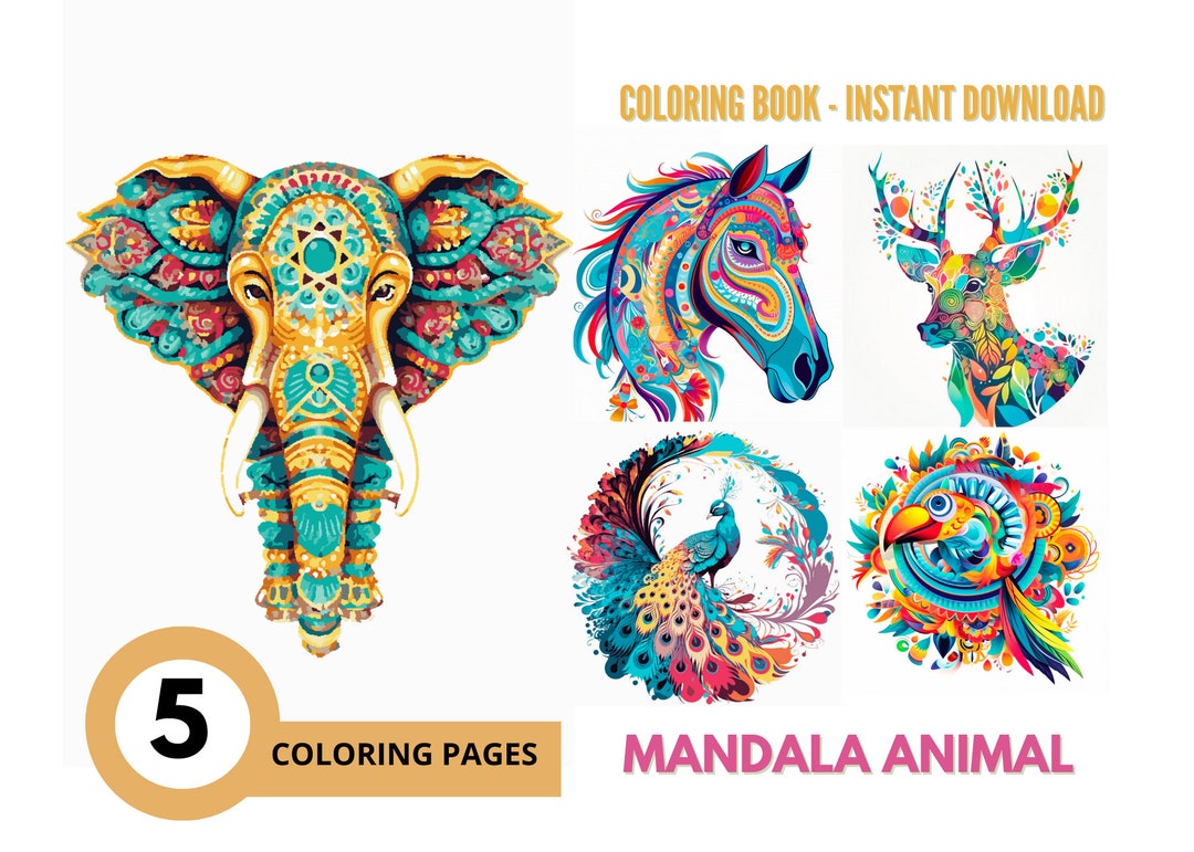 5 Coloring Pages for Adult ,digital Coloring Book Kids, Mandala Animal ...