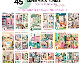 Bundel 45 kleur op nummer voor volwassenen, verf op nummer afdrukbaar, vrouw+landschap+planten, kleurplaten, vellen digitale download, boek| 1508