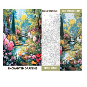 May include: Color by number painting kit featuring a whimsical garden scene with a bridge over a stream, flowers, and trees. The kit includes a pre-printed canvas, paint brushes, and acrylic paints. The title "Enchanted Gardens" is printed below the image.  "Instant Download" and "Color by Number - Map" are printed at the top of the image.