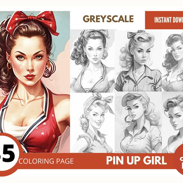 35 Beautiful Pin Up Woman Coloring Book - Adults Coloring Pages, Instant Download, Grayscale Coloring Book, Printable PDF File|498