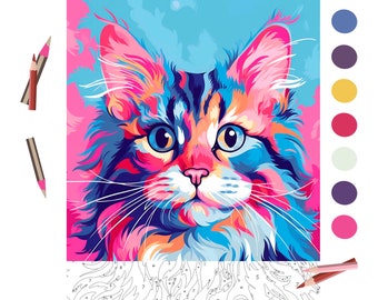 Puede incluir: Un kit de pintura por números que presenta un retrato abstracto y colorido de un gato con ojos azules. La imagen está dividida en secciones numeradas, cada una correspondiente a un color en la paleta de colores incluida.
