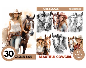 30 Beautiful Cowboy Girl Coloring Pages for Adults, Grayscale Coloring Book, Coloring pages kids,Instant Download, Printable PDF File | 849