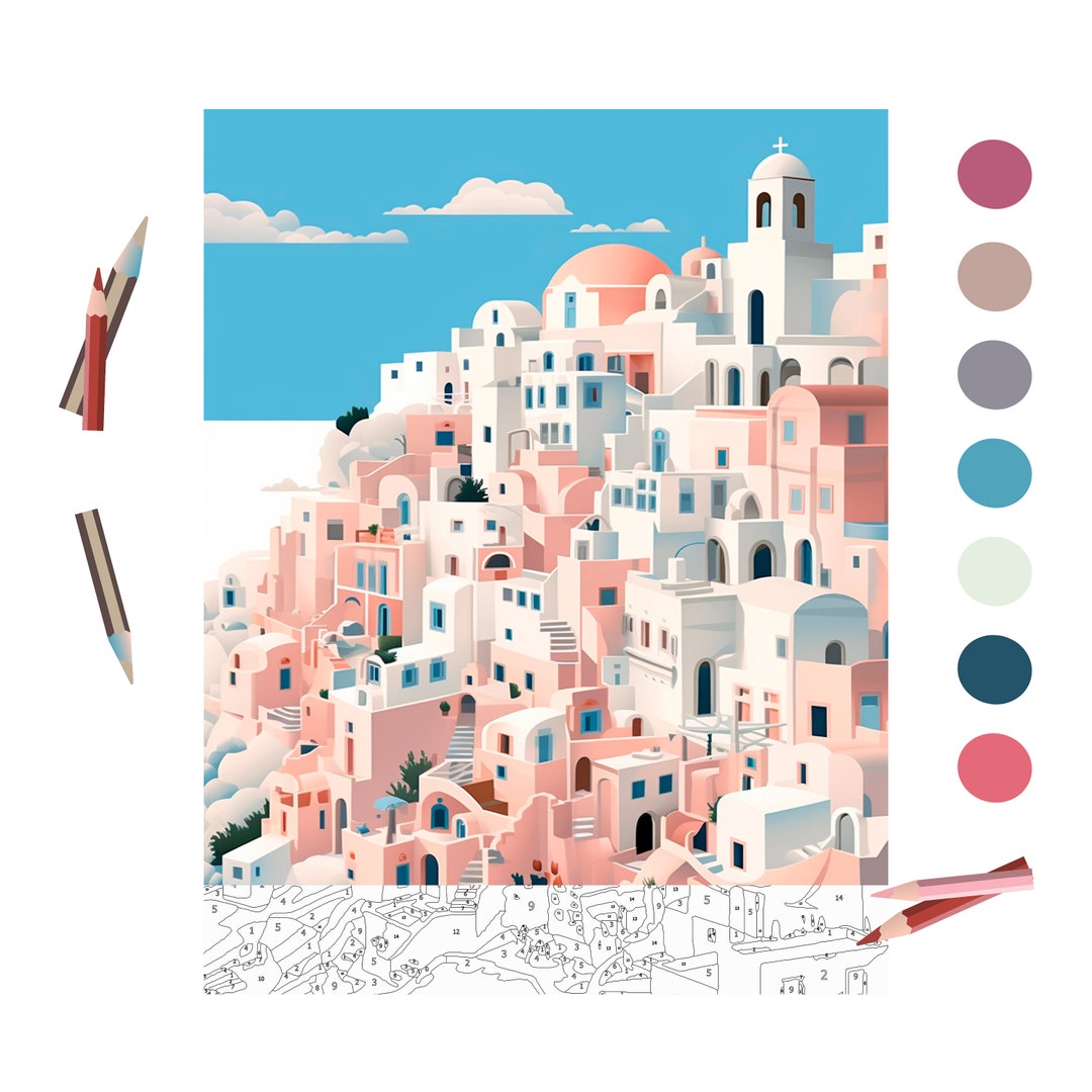 Color by Number for Adult, Paint by Number Printable, Santorini City ...