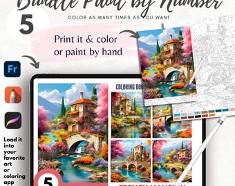 May include: A digital paint-by-number bundle featuring a colorful French mansion scene. The image includes a tablet displaying the artwork, a stylus, and a printout of the design. The text reads "Bundle Paint by Number" and "Color as many times as you want."