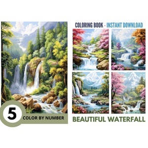 May include: Coloring book with five different images of waterfalls in various settings. The book is titled "Beautiful Waterfall" and includes the text "Color by Number".