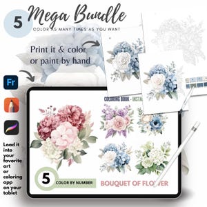 5 Flower Bouquet Color By Number for Adult, Paint by Number Printable,Coloring Pages,Sheets Digital Download,Advanced detailed Book| 1855