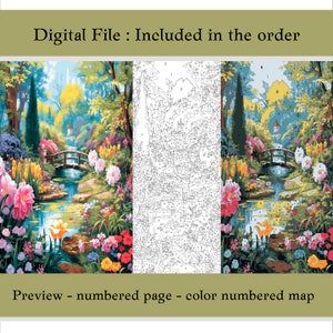 May include: A digital paint by numbers kit featuring a colorful landscape with a bridge over a stream, flowers, and trees. The kit includes a numbered page and a color numbered map.