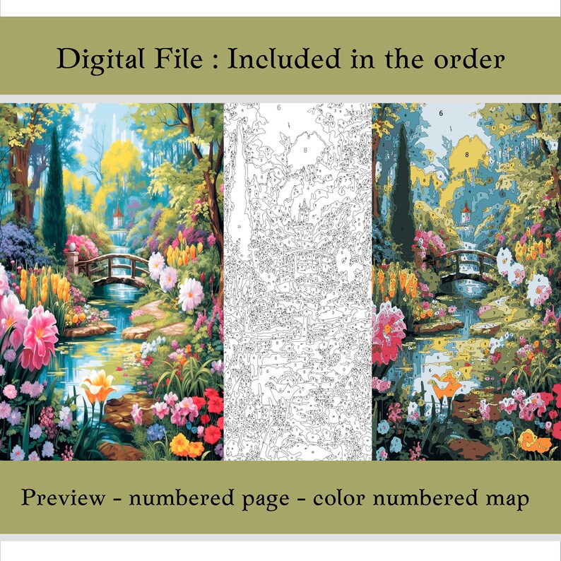 May include: A digital paint by numbers kit featuring a colorful landscape with a bridge over a stream, flowers, and trees. The kit includes a numbered page and a color numbered map.