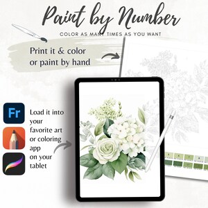 May include: Digital paint-by-number art displayed on a tablet, featuring a floral design with white roses and green leaves. The image includes text: "Paint by Number" and "Print it & color or paint by hand."