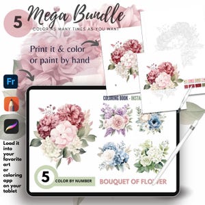 5 Flower Bouquet Color By Number for Adult, Paint by Number Printable,Coloring Pages,Sheets Digital Download,Advanced detailed Book| 1855