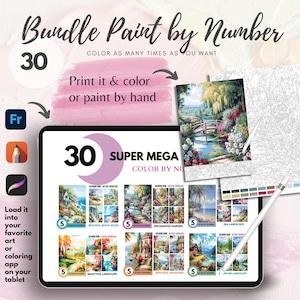 Bundle 30 Color By Number for Adult, Paint by Number Printable,Beautiful Landscape, Coloring Pages ,Sheets Digital Download, Book| 465