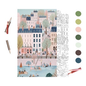 Op de afbeelding: Een kleur-per-nummer-illustratie van een Parijse straat scène met gebouwen, bomen en mensen. De afbeelding bevat een kleurenpalet met negen verschillende kleuren.