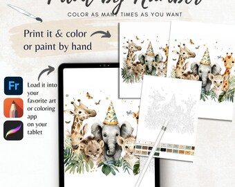 Fiesta de animales de safari para colorear por números para adultos/Pintar por números imprimible/Hojas de descarga digital/Libro detallado avanzado/1838