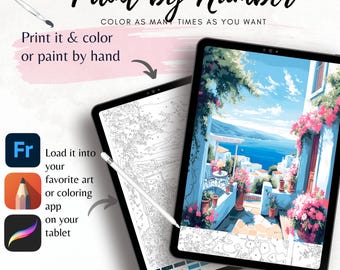 Puede incluir: Dos tabletas que muestran un diseño de pintar por números. Una muestra una pintura terminada de una escena costera con flores, la otra un dibujo lineal. El texto dice "Paint by Number" y "Imprime y colorea o pinta a mano."