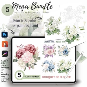 5 Flower Bouquet Color By Number for Adult, Paint by Number Printable,Coloring Pages,Sheets Digital Download,Advanced detailed Book| 1855