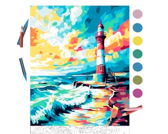Op de afbeelding: Een verf-op-nummer-set met een rood-witte vuurtoren op een rotsachtige kust met blauwe oceaan golven die tegen de rotsen beuken. De lucht is een levendige mix van geel, oranje, roze en blauw.