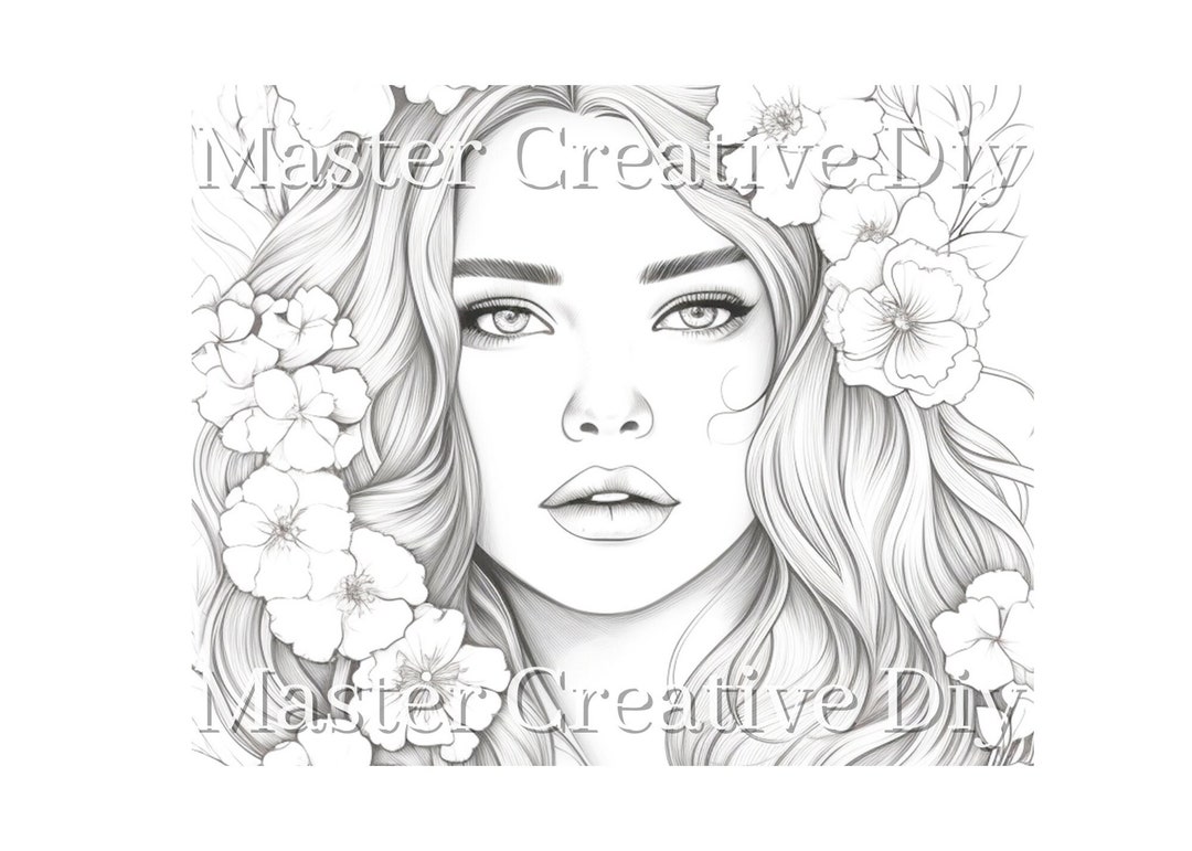Beautiful Woman Coloring Pages for Adult,printable Greyscale Coloring