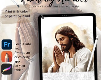 Könnte beinhalten: Digitales Malen-nach-Zahlen-Kunstwerk mit einem Porträt von Jesus, der betet. Das Bild wird auf einem Tablet mit Stift angezeigt. Text enthält "Paint by Number" und Anweisungen zum Drucken, Ausmalen oder Malen von Hand.