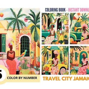 Pode incluir: Um livro para colorir por números com cinco ilustrações de pessoas na Jamaica. As ilustrações apresentam uma mulher com um vestido rosa, uma mulher com um vestido verde, uma mulher com um vestido amarelo e uma mulher com um vestido rosa. As ilustrações são colocadas em um contexto de vegetação tropical exuberante e edifícios coloridos. O livro é intitulado "Travel City Jamaica".