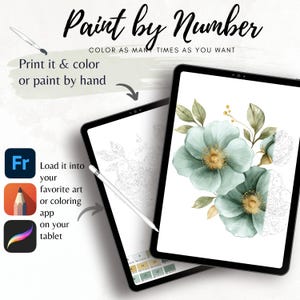 May include: Two tablets displaying a paint-by-number design. One shows a completed watercolor floral image, the other a line drawing. Text reads "Paint by Number" and "Color as many times as you want."