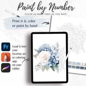 Op de afbeelding: Een digitaal paint-by-number ontwerp met een boeket blauwe hortensia's en een witte roos op een tabletscherm. De afbeelding bevat de tekst "Paint by Number" en instructies om af te drukken en in te kleuren.