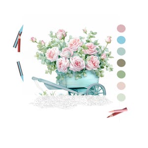 Op de afbeelding: Een aquarel illustratie van een lichtblauwe kruiwagen gevuld met roze rozen en groene bladeren. De kruiwagen staat tegen een witte achtergrond, met kleurstalen en potloden in de afbeelding.