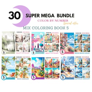 Bundle 30 Color By Number for Adult, Paint by Number Printable,Beautiful Landscape, Coloring Pages ,Sheets Digital Download, Book| 1538